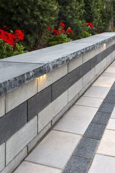 a stone wall with lights on it and flowers growing in the back ground next to it