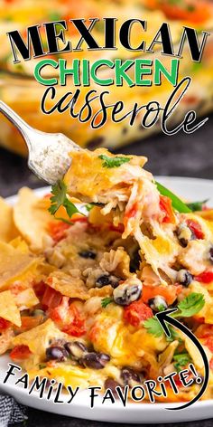 the mexican chicken casserole is served with tortilla chips