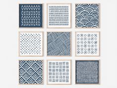 nine blue and white art prints with geometric designs on the sides, all in different sizes