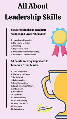 a pink poster with the words all about leadership skills and a yellow trophy on it