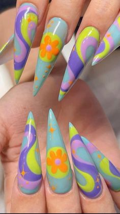 80s Nails, Summer Stiletto Nails, Summer Nail Art Ideas, Watermelon Nail Art, Crazy Nail Art, Sculpted Nails, Hippie Nails, Punk Nails, Gothic Nails