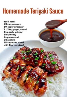 the recipe for homemade teriyaki sauce is shown on a white plate with rice