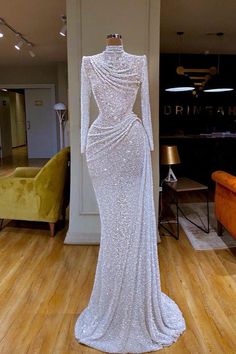 White Long Sleeves, White Mermaid, Simple Prom Dress, Silver Mermaid, Mermaid Sequin, Fancy Wedding, Sequin Prom Dresses, Prom Dresses Online, High Neck Long Sleeve