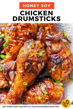 honey soy chicken drumsticks on a plate with text overlay that reads honey soy chicken drumsticks