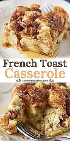 french toast casserole on a plate with a fork