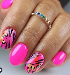 Neon Pink Leopard Nails, Bright Leopard Print Nails, Pink Leopard Nails, Animal Nail Designs, Funky Nail Designs, Neon Pink Nails, Zebra Nails, Hot Pink Nails