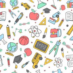 an image of back to school seamless wallpaper pattern with pencils, books, and other items