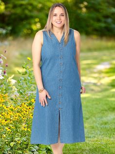 This versatile dress doubles as a sundress in the summer and a jumper in autumn. It's tailored to ensure a casual, flattering fit that quickly makes this denim dress a year-round favorite. It's styled in all-cotton denim with a soft hand and easy drape - and is finished with decorative buttons down the front. Casual sleeveless design Notched V-neckline with band collar Two side-seam pockets Decorative buttons down the front Approx. 47" long 100% cotton Machine wash and dry Imported Exclusive to The Vermont Country Store | Ella Simone Sleeveless Lightweight Denim Midi Dress - Blue - Large - The Vermont Country Store Casual Summer Denim Dress For Daywear, Casual Denim Dress For Summer Daywear, Sleeveless Cotton Denim Dress With Relaxed Fit, Sleeveless Relaxed Fit Medium Wash Dress, Sleeveless Relaxed Fit Denim Dress For Spring, Summer Daywear Medium Wash Denim Dress, Sleeveless Relaxed Fit Denim Dress, Summer Sleeveless Relaxed Fit Denim Dress, Medium Wash Denim Dress For Summer Daywear