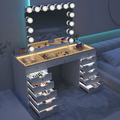 An LED vanity mirror glowing brightly on a beauty vanity setup. Ikea Drawer Organizer, Vanity Inspo, Light Up Mirror, Hollywood Vanity Mirror, Vanity Mirror With Lights, Mirror Drawers, Hollywood Vanity, Lighted Vanity, Portable Mirror