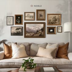 a living room filled with furniture and pictures on the wall above it's coffee table