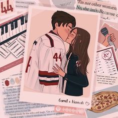 a couple kissing each other in front of pizza slices and papers with words on them