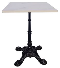 a white table with black legs and a square top on an iron stand, isolated against a white background