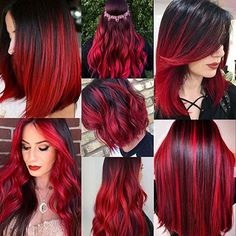 Summer Hairstyles | Summer Hairstyle | Vivid Hair Color Ideas Red Color Hair Highlights, Black Hair Red Extensions, Red Extensions Hair, Red Hair Extensions Clip In, All Red Hair, Blood Red Hair Color, Long Hair Bridal Styles, Red Halo Hair, Fire Red Hair