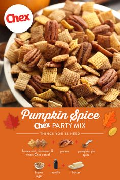 a plate full of pumpkin spice chex party mix on an orange and white background