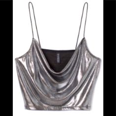 One Silver Metallic Shimmer Blouse, Cami Style Top. From H&M. Nwt Available In S-Xl Metallic Tops For Party Season, Metallic Tops For Summer Party, Metallic Summer Party Tops, Glamorous Summer Tops For Holiday Party, Shiny Holiday Party Tops, Shiny Tops For Evening And Party Season, Shiny Top For Evening And Party Season, Evening Shiny Top For Party Season, Silver Sleeveless Top For Night Out