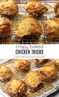 crispy baked chicken thighs on a wire rack with the words, crispy baked chicken thighs