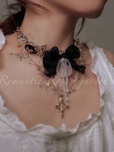 Baroque Lace Bow Choker | Jewelry | Three Fleas Vintage Ribbon Necklace For Gift, Vintage Ribbon Necklaces For Party, Ribbon Choker Necklace For Weddings, Whimsical Party Choker Jewelry, Elegant Black Necklace With Bow, Gold Ribbon Necklace For Wedding, Vintage Jewelry With Decorative Bow As Gift, Vintage Wedding Jewelry With Bow Detail, Vintage Gold Jewelry With Ribbon