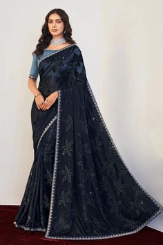 Navy Blue Color Wonderful Embroidered And Stone Work Saree In Brasso F Stone Work Saree, Buy Salwar Kameez Online, Trendy Saree, Fancy Jewellery Designs, Salwar Kameez Online, Ready To Wear Saree