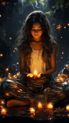 a woman sitting in the middle of a forest with many candles around her and looking down at her hands