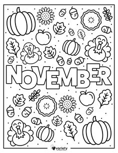 november coloring page with the word november surrounded by fall and autumn items in black and white