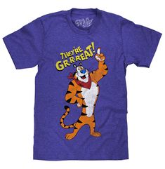 PRICES MAY VARY. YOUR NEW FAVORITE FROSTED FLAKES T-SHIRT: Take a nostalgic trip back to the 90s with the Kellogg's Frosted Flakes mascot Tony the Tiger, and the "They're Gr-r-reat!" text - lightly distressed and printed on the softest royal blue heather tee we could find. EASY CARE TEES: This Tony the Tiger design is licensed and screen-printed on a soft, poly-cotton t-shirt that goes from the washing machine to the dryer without losing shape, shrinking or fading. Graphic is intentionally distr 90s Cereal, Tiger Cartoon, Tony The Tiger, Iconic Cartoon, Back To The 90s, Cartoon Mascot, Tiger Shirt, School Tops, Tiger Design