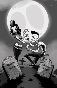 an animated scene with two people standing on top of suitcases and the moon in the background