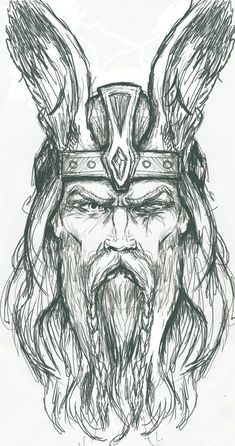 a drawing of a man with horns and beards on his head, wearing a horned helmet