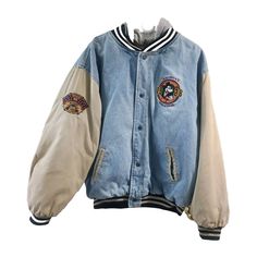 Show Off Your Love For Mickey Mouse With This Vintage Disney Store Denim Hooded Varsity Jacket From 1990. This Bomber Jacket Features The Iconic Character's Image On The Front And Is Made In China. It Comes In A Size Xxl, Suitable For Adults Of Any Gender. The Blue Color And Unisex Design Make It A Perfect Addition To Any Disney Fan's Collection. This Jacket Is Perfect For Those Who Love Vintage Disneyland And Want To Add A Unique Piece To Their Wardrobe. Chest 52"& The Length Is 291/2" Long. Th Vintage Disney Jacket, Throwback Hooded Cotton Outerwear, Cotton Hooded Retro Outerwear, Cotton Hooded Throwback Outerwear, Disney Jacket, Disney Vintage, 90s Colors, Vintage Disneyland, Disney Sweaters