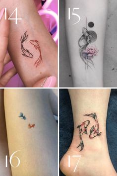 four different tattoos are shown on the legs and ankles, each with an image of a fish