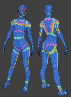 an image of a woman in blue and yellow body suit with multiple colored lines on it