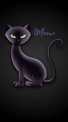 a black cat with green eyes and the word meow on it's chest