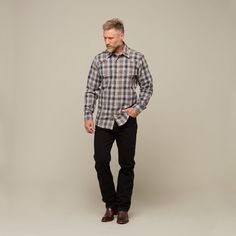 The Denver Flannel will have you feeling warm and stylish when separating cows or out walking on a cool night. This Western flannel is a 70% cotton 30% modal blend, featuring a cowboy yoke in front and back with a subtle, embroidered mirrored-L emblem on the left pocket and lower placket. Classic cowboy fit. Model is 6'1 and wearing size M. Relaxed Fit Flannel Shirt For Fall Outdoor Activities, Relaxed Fit Flannel Shirt For Fall Outdoor, Western Cotton Flannel Shirt For Fall, Western Style Long Sleeve Cotton Outerwear, Brown Relaxed Fit Flannel Shirt For Fall, Brown Relaxed Fit Flannel Shirt For Winter, Casual Brown Flannel Shirt For Winter, Brown Flannel Shirt With Relaxed Fit For Fall, Casual Brown Outerwear For Ranch