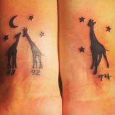 two giraffes with numbers and stars on their wrist