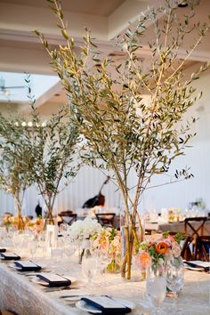 there are many vases with plants in them on the table at this wedding reception