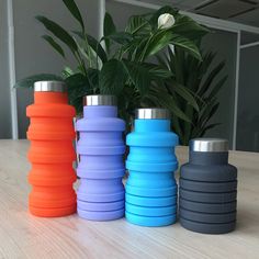 four different colored water bottles sitting on top of a table next to a potted plant