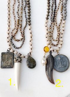 "Three individual necklaces are hand-strung, Metallic and Matte Beads are mixed together in size and color for a beautiful palette of texture and design. To compliment these colors, I've chosen two different Charm Packages: 1. Square Buddha Replica Labradorite Gunmetal Bezel Silver Plated Bone (resin) Tooth OR 2. Replica Buddha Coin Vermeil Bezel Citrine with Freshwater Pearl Carved Horn Feather All six pendants have been very popular on their own when used in other stylings! You can choose to w Cheap Trendy Multi-strand Charm Necklaces, Bohemian Layering Beaded Necklaces With Faceted Beads, Faceted Round Beads Necklace For Jewelry Making, Spiritual Round Beads Crystal Necklaces For Layering, Spiritual Crystal Necklaces With Round Beads For Layering, Long Beaded Necklace With Gemstone Beads For Layering, Spiritual Round Beads Necklaces For Layering, Spiritual Multi-strand Beaded Chain Necklace, Bohemian Style Crystal Necklaces With Faceted Beads