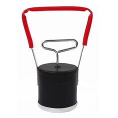 a black and red canister with a metal handle