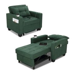 two green couches with one recliner and the other chair