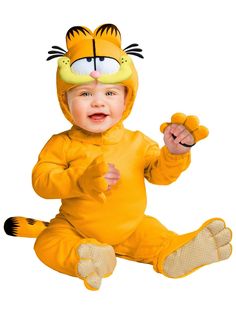 Garfield Baby Costume - costumes.com Garfield Halloween, Garfield Costume, Halloween Infantil, Mascaras Halloween, Cartoon Character Costume, Baby Kostüm, Garfield Comics, Striped Cat, Toddler Halloween Costumes