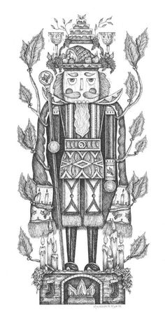 a black and white drawing of a robot with leaves on it's head, surrounded by other objects