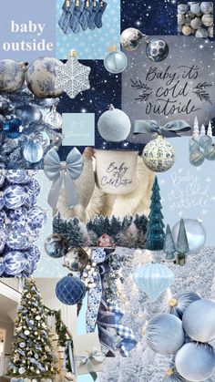 a collage of blue and white christmas decorations