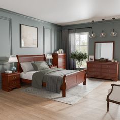 a bedroom scene with focus on the bed, dresser and mirror in the middle of the room