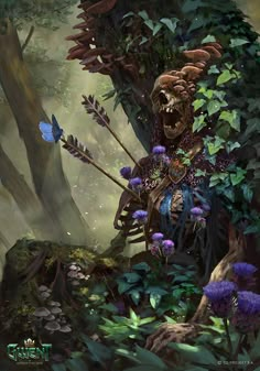 a digital painting of a creature in the woods with flowers and plants around him, surrounded by trees