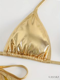 Lasaky - Exquisite Golden Metallic 2 Piece Set Bikini in Glossy Fabric, featuring Halter Triangle Tie Straps and Stretchy Y2K Design - Premium Womens Swimwear & Clothing Gold Stretch Swimwear For Beach Season, Fitted Gold Swimwear For Summer, Gold Stretch Swimwear For The Beach, Gold Fitted Swimwear For Beach Season, Gold Fitted Swimwear For The Beach, Gold Fitted Swimwear For Beach, Fitted Gold Swimwear For Beach, Gold Fitted Swimwear For Pool, Fitted Gold Swimwear For Pool