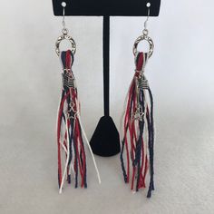 Americana Fringe Earrings Red White & Blue On .925 Sterling Earwire Red Jewelry For 4th Of July Gift, Nickel Free Dangle Jewelry For 4th Of July, Patriotic Earrings For 4th Of July, Blue Ear Wire Jewelry For 4th Of July, Handmade Patriotic Silver Jewelry, Patriotic 4th Of July Earrings, Patriotic Multicolor Earrings As Gift, 4th Of July Dangle Earrings For Gift, Adjustable Blue Earrings For 4th Of July