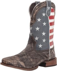 PRICES MAY VARY. PATRIOTIC COWBOY BOOTS FOR MEN: Celebrate the American red, white, and blue with these men’s vintage boots. This non insulated, faux leather boot features stars and stripes on the shaft that resemble the American flag. SQUARE TOE DESIGN: These men’s distressed boots feature a square toe with a 1-1/4 inch traditional low western heel and a 12 inch shaft for a country style you will feel confident in. Heights are based on a men’s size 10 and may vary by shoe size. COMFORTABLE & DU Shop Boots Online, Western Brown, Cowboy Boots Square Toe, Men’s Boots, Faux Leather Boots, Mens Cowboy Boots, Western Boot, Womens Mid Calf Boots, Vintage Boots