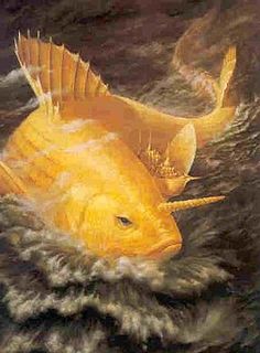 a painting of a yellow fish in the water