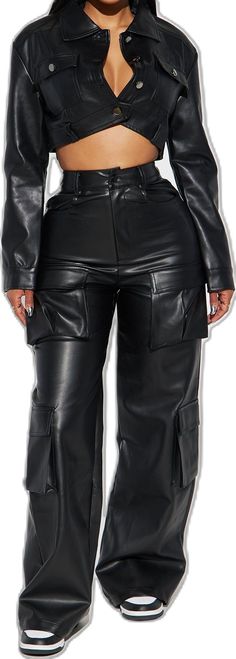 Black Leather Pants With Button Closure For Fall, Black Leather Pants For Fall With Button Closure, Black Leather Bottoms With Button Closure, Black Leather Pants With Multiple Pockets For Fall, Faux Leather Utility Bottoms For Fall, Utility Faux Leather Bottoms For Fall, Black Pants With Button Closure For Fall, High-waist Black Leather Pants With Button Closure, Black Faux Leather Bottoms With Button Closure