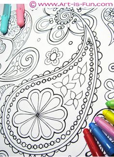 an adult coloring page with crayons and markers