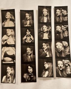 four black and white photographs of women's faces hanging on a wall with their mouths open